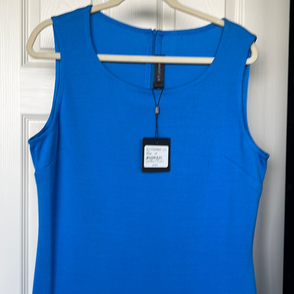 NWT St. John blue sheath sleeveless dress size 16 Flaws
